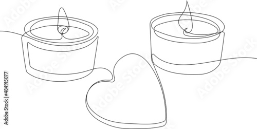 Continuous one line drawing of sromantic relaxing atmosphere, lighted candles with a sprig of flowers. Vector illustration for your minimal design.
