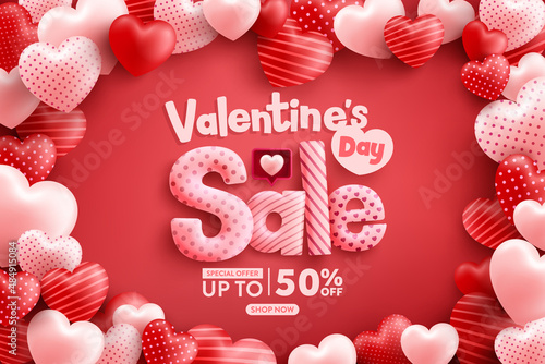 Valentine's Day Sale 50% off Poster or banner with many sweet hearts and on red background.Promotion and shopping template or background for Love and Valentine's day concept.Vector illustration eps 10
