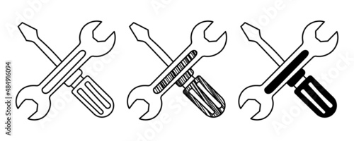 Set of hand drawn vector Tools Screwdriver and Wrench in a doodle cartoon style