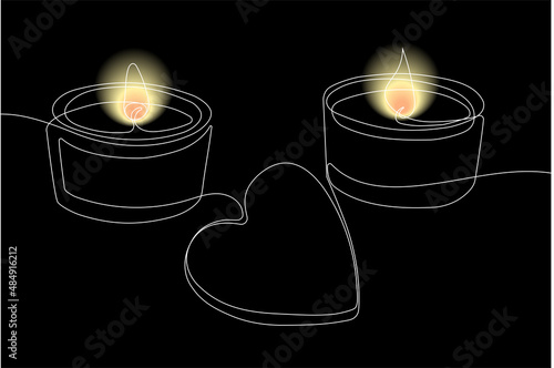 Continuous one line drawing of sromantic relaxing atmosphere, lighted candles with a sprig of flowers. Vector illustration for your minimal design.