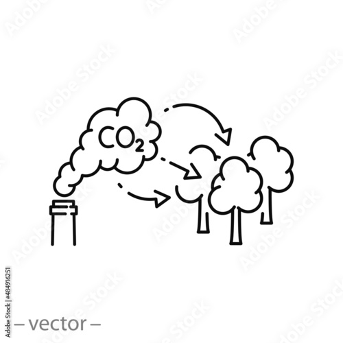 trees capture co2 emission icon, natural cleaning polluted air, forest filter carbon, reduce pollution, thin line symbol on white background - editable stroke vector illustration