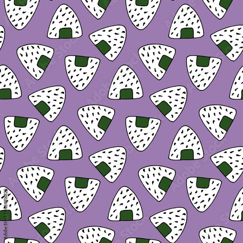 Seamless pattern with onigiri with black sesame seeds on light violet background. Vector image.