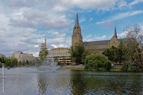 Church of the holy cross, and Flagey building along Ixelles lakes, Brussels