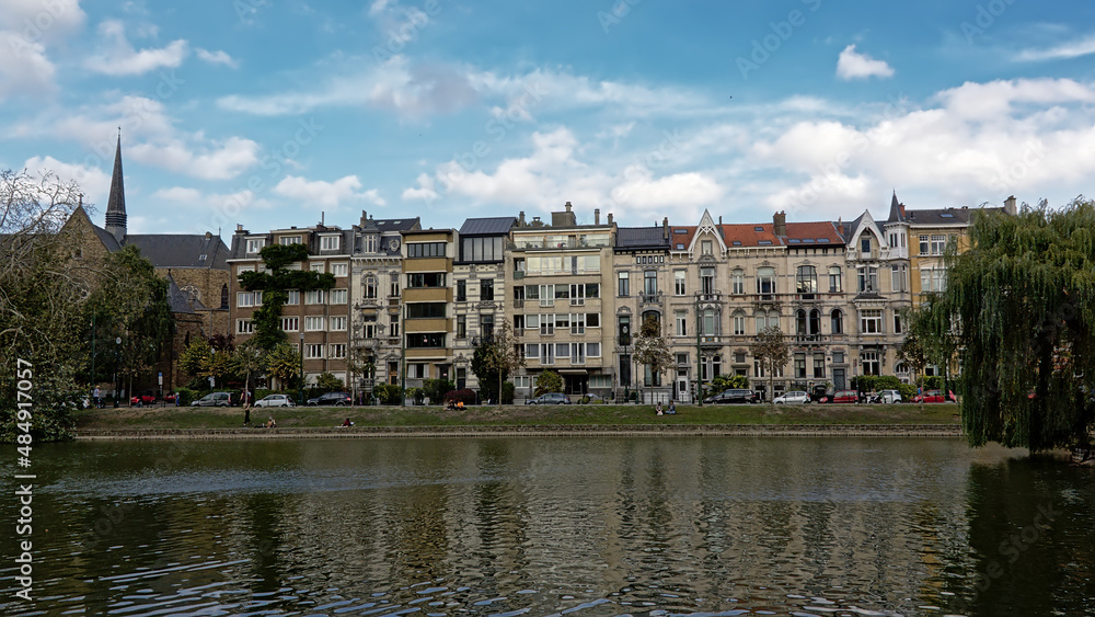 Buildings in eclectic art nouveau style on the embankment of Ixelles lakes, Brussels, Belgium