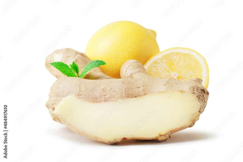 Composition of fresh ginger root, lemon and ginger pieces isolated on white background. Composition of fresh ginger root, lemon and ginger pieces isolated on white background.