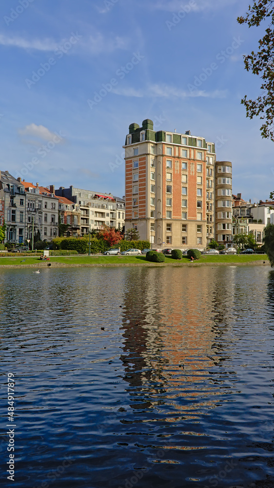 Buildings in eclectic art nouveau style on the embankment of Ixelles lakes, Brussels, Belgium