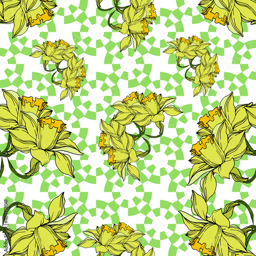 Vector Narcissus floral botanical flowers. Black and white engraved ink art. Seamless background pattern.