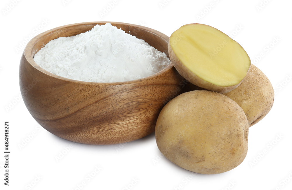 Wooden bowl of starch and fresh raw potatoes on white background Wooden bowl of starch and fresh raw potatoes on white background