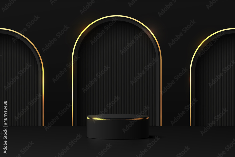 3D abstract room and realistic black cylinder pedestal podium with ...