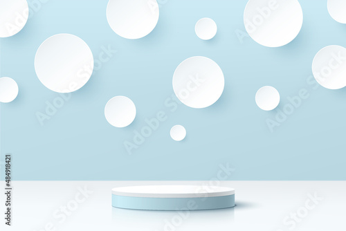 Abstract 3D room and realistic blue cylinder pedestal podium with white circles or polka dot scene. Minimal scene for product display presentation. Vector geometric platform design. Stage for showcase
