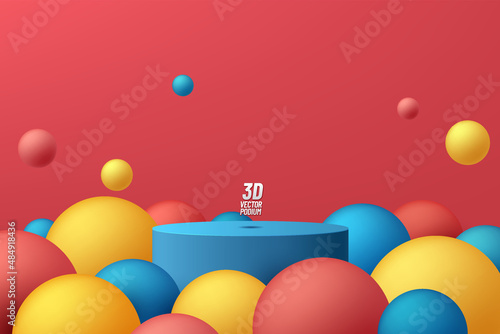 Abstract 3D room and realistic stand or podium with blue  yellow and red sphere balls flying. Minimal wall scene for product display presentation. Vector geometric platform design. Stage for showcase.