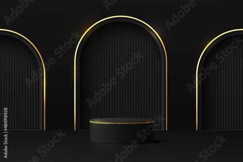 3D abstract room and realistic black cylinder pedestal podium with luxury gold arch shape window scene. Minimal scene for product display presentation. Vector geometric platform. Stage for showcase.
