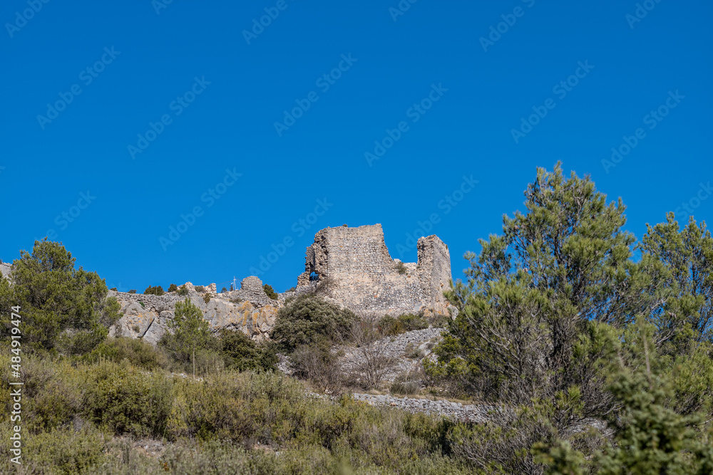 castle in the mountains, ruins of the old castle, Opoul, france