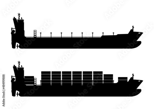 Empty and loaded container ship silhouettes. Side view of modern container ship. Vector.