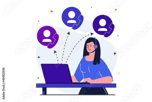 Customer service modern flat concept for web banner design. Woman consultant working on laptop and answering customer calls. Operator works on hotline. Vector illustration with isolated people scene