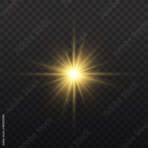 Star burst with light, yellow sun rays. 