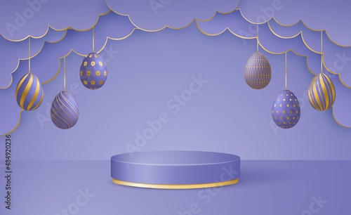 Happy Easter Day 3d scene with paper cut clouds, podium platform and Easter eggs garlands in trendy colors Very Peri.