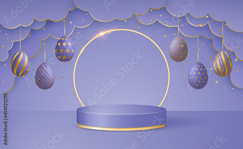 Happy Easter Day 3d scene with paper cut clouds, podium platform, Easter eggs garlands and confetti in trendy colors Very Peri.