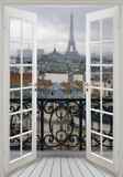 View of the city from the window. Paris, Eiffel Tower. View from the balcony of Paris. Photo wallpapers for the interior.
