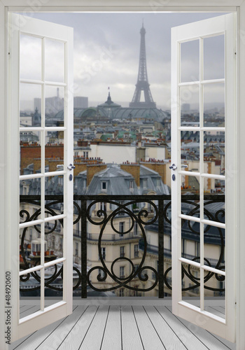 View of the city from the window. Paris, Eiffel Tower. View from the balcony of Paris. Photo wallpapers for the interior. © antura