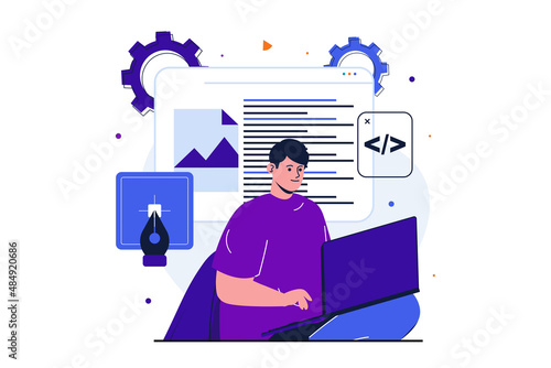Designer studio modern flat concept for web banner design. Man developer works on laptop, writes code and scripts, creates and optimizes website layout. Vector illustration with isolated people scene