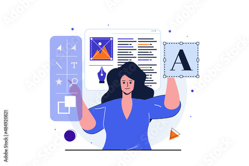 Designer studio modern flat concept for web banner design. Female developer works on layout of site, selects and places graphic elements, creates fonts. Vector illustration with isolated people scene