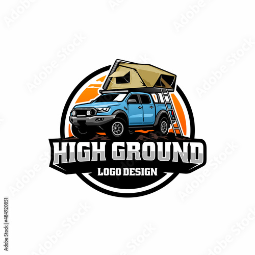 camper van, camper truck with roof top tent illustration logo vector	