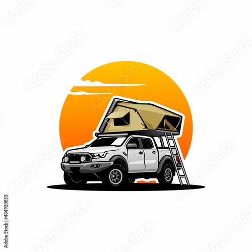 camper van, camper truck with roof top tent illustration logo vector	