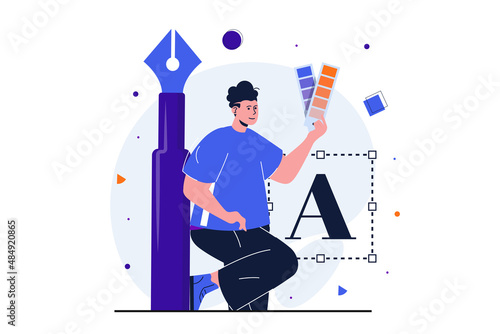 Designer studio modern flat concept for web banner design. Man illustrator stands near artist working tools, draws with pen and chooses colors palette. Vector illustration with isolated people scene