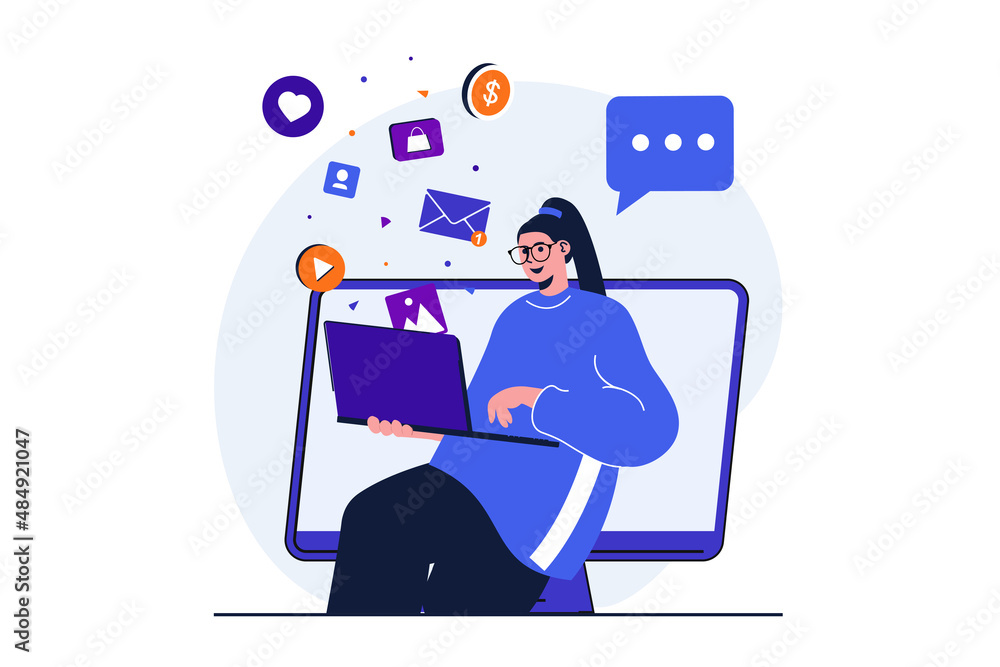 Digital marketing modern flat concept for web banner design. Woman marketer working online on laptop and posting promotional content on social media. Vector illustration with isolated people scene