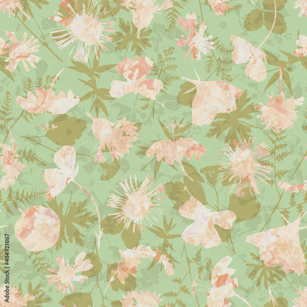Floral seamless pattern with plants and blooming flowers in collage technique. Vintage colorful  background.