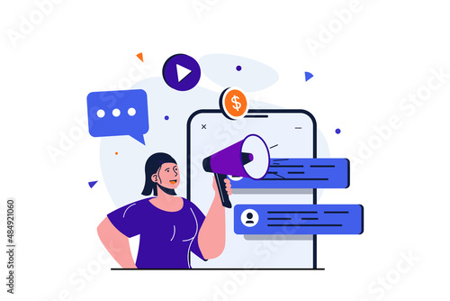 Digital marketing modern flat concept for web banner design. Woman with megaphone makes advertising mailings in chats and online business promotion. Vector illustration with isolated people scene