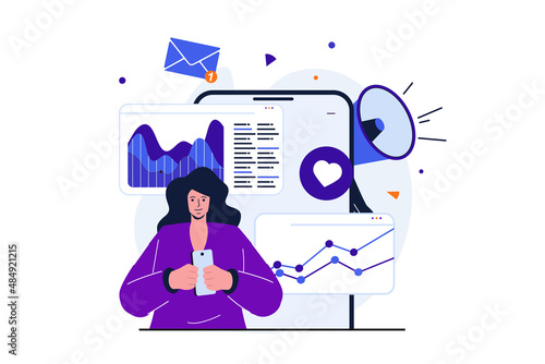 Digital marketing modern flat concept for web banner design. Woman analyzes data from advertising campaigns and studies market to promote e-business. Vector illustration with isolated people scene