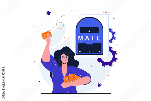 Email service modern flat concept for web banner design. Woman marketer makes mass promotion or informational mailing and sends envelopes to mailbox. Vector illustration with isolated people scene