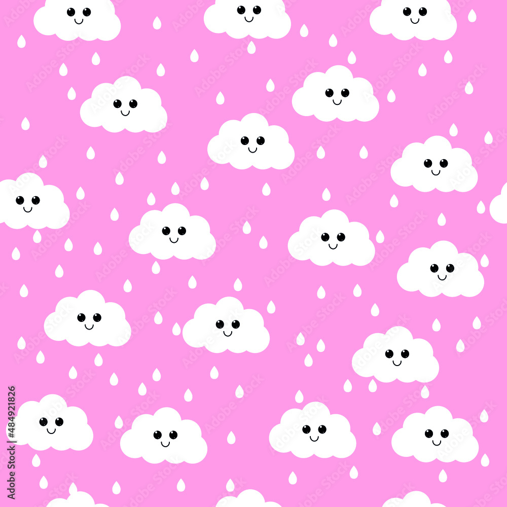 seamless pattern with clouds on a pink background. cute clouds with eyes and a smile.