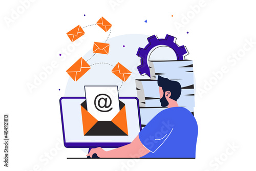 Email service modern flat concept for web banner design. Man reads and responds to incoming letters while sitting at computer. Online correspondence. Vector illustration with isolated people scene