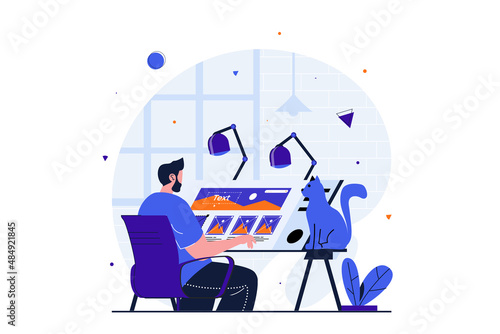Freelance working modern flat concept for web banner design. Male illustrator drawing images while sitting at tilting table with cat in home studio. Vector illustration with isolated people scene