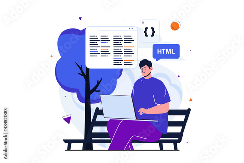 Freelance working modern flat concept for web banner design. Male developer programs and works with code on laptop while sitting on bench in park. Vector illustration with isolated people scene