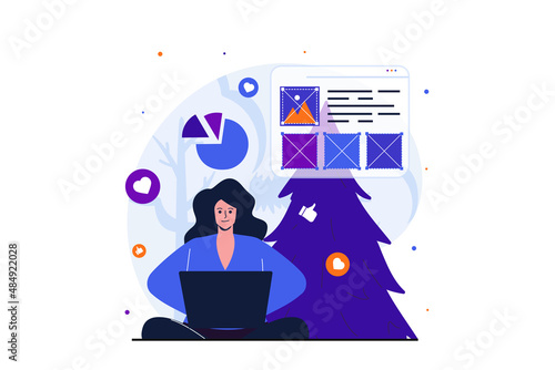 Freelance working modern flat concept for web banner design. Woman designer analyzes data and develops website layout using laptop, working remotely. Vector illustration with isolated people scene