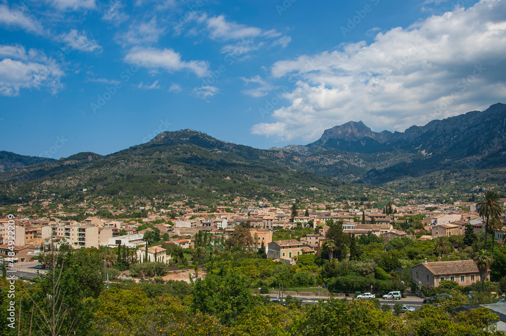 View of the town of Sóller on the holiday island of Mallorca in Spain. Mallorca is one of the Balearic Islands.
