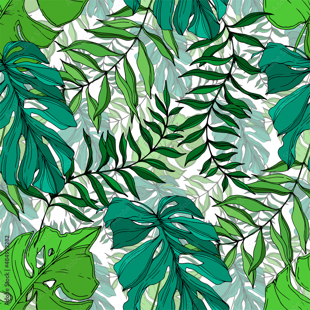 Vector Palm beach tree leaves jungle botanical. Black and white engraved ink art. Seamless background pattern. Vector Palm beach tree leaves jungle botanical. Black and white engraved ink art. Seamless background pattern.