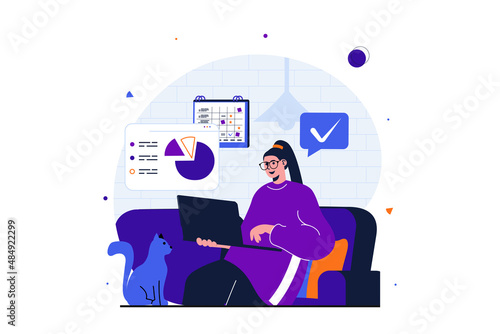 Freelance working modern flat concept for web banner design. Woman manager works remotely, completes tasks before deadline while sitting in living room. Vector illustration with isolated people scene