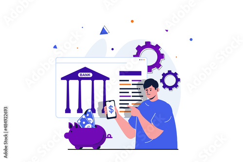 Mobile banking modern flat concept for web banner design. Man uses bank services to manage money budget and accumulate savings in personal account. Vector illustration with isolated people scene