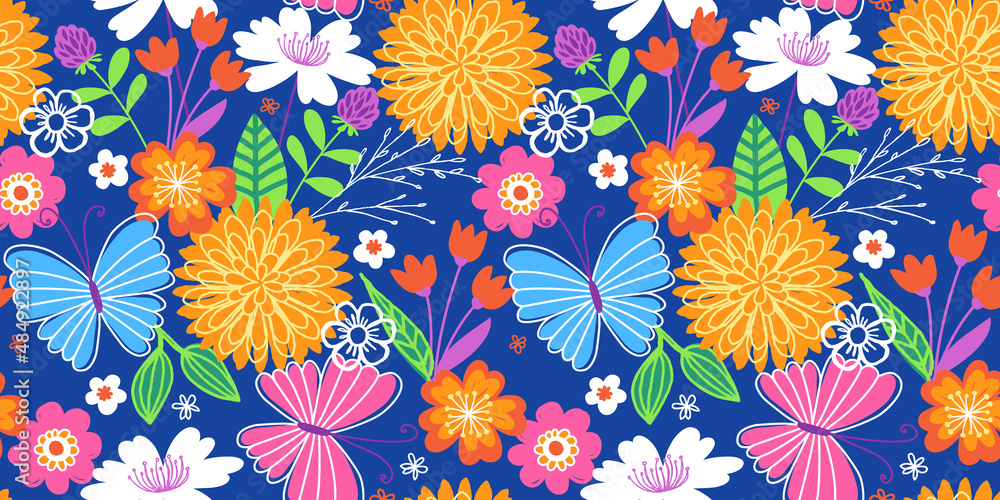 Sweet seamless floral and butterfly pattern in a bright, trendy color scheme. A modern twist on a folksy, retro floral print.