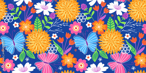 Sweet seamless floral and butterfly pattern in a bright, trendy color scheme. A modern twist on a folksy, retro floral print.