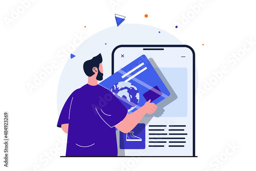 Mobile commerce modern flat concept for web banner design. Male shopper makes bargain purchases in app and pays for online order with credit card. Vector illustration with isolated people scene