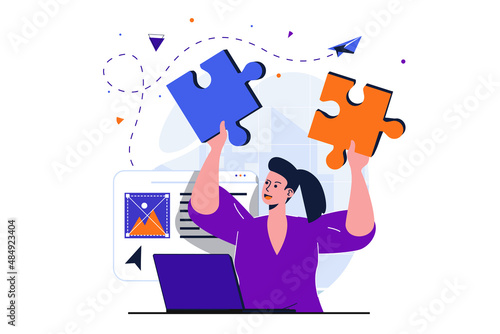 Office work modern flat concept for web banner design. Employee generates ideas and creatively completes work tasks, collects puzzles and brainstorming. Vector illustration with isolated people scene