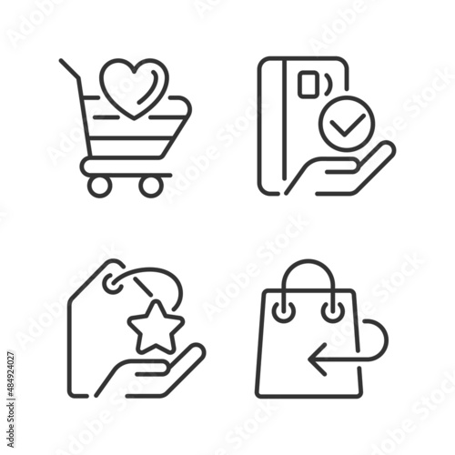 Special offer for customers pixel perfect linear icons set. Return policy. Pay with credit card. Customizable thin line symbols. Isolated vector outline illustrations. Editable stroke