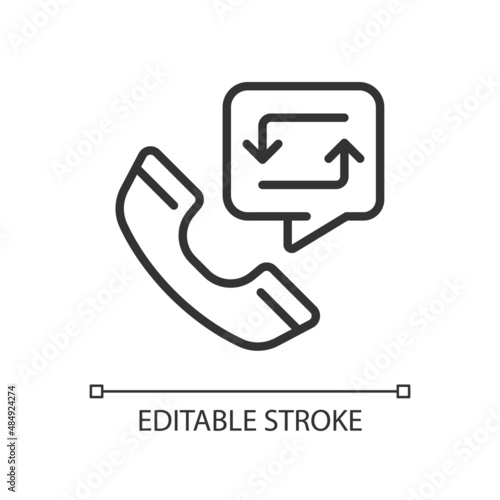 Call back option pixel perfect linear icon. Interactive voice system. Automatic calling. Call center. Thin line illustration. Contour symbol. Vector outline drawing. Editable stroke. Arial font used