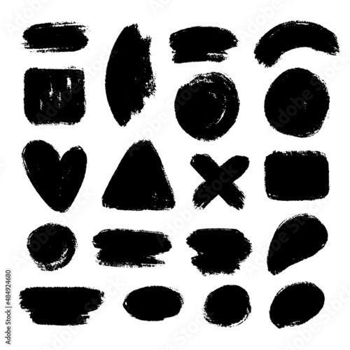 Set of hand drawn brushes and chalk design elements. Black brushstrokes and dashes. Grunge circle, square. Artistic creative shapes. Vector illustration